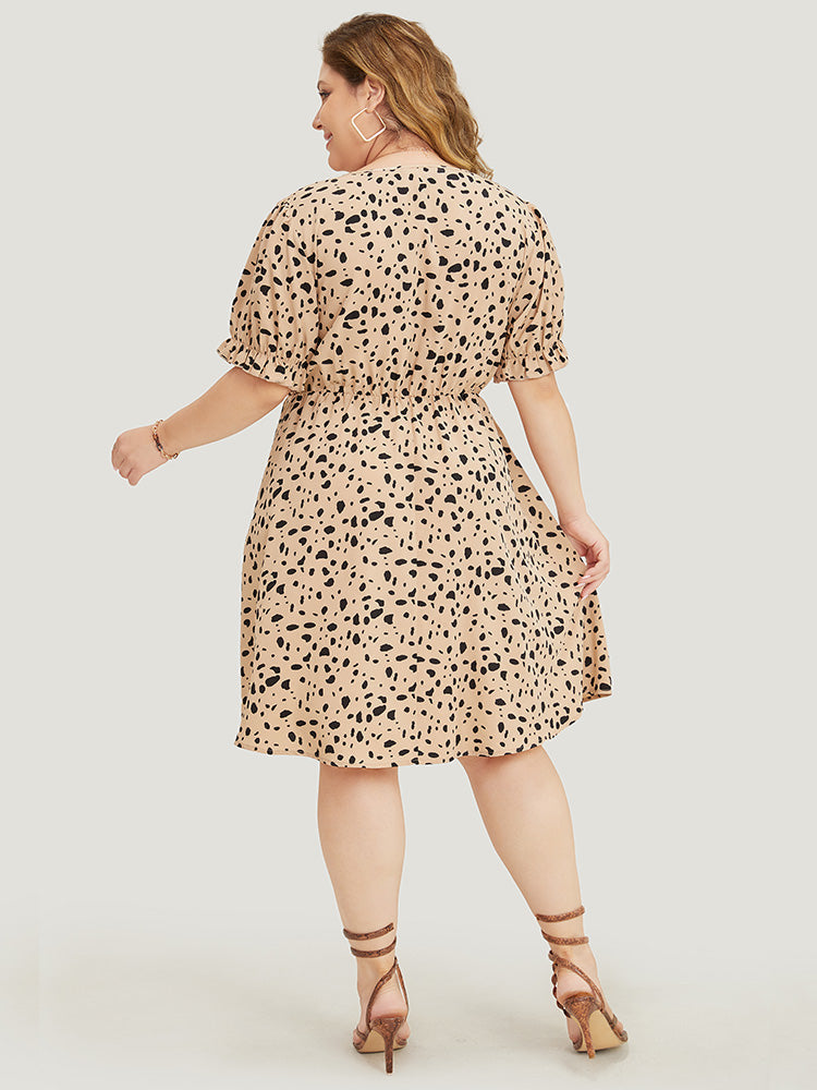 Leopard Print Puff Sleeve Pocket Wrap Ruffle Trim Dress
