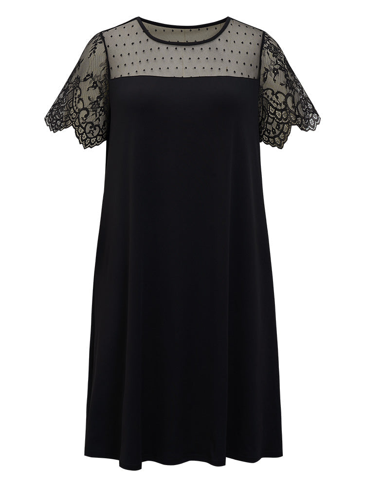 Plain Pocket Lace Mesh Patchwork Dress