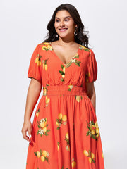 Citrus Floral Print Puff Sleeve Maxi Dress