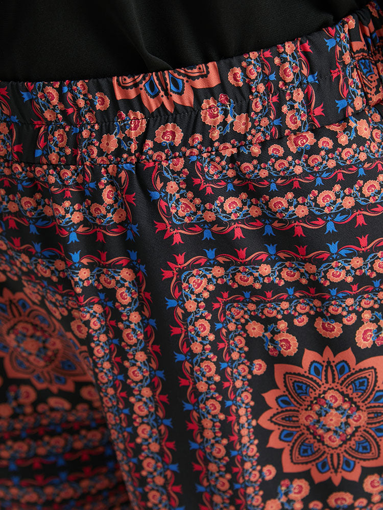 Scarf Print Pocket Elastic Waist Pants