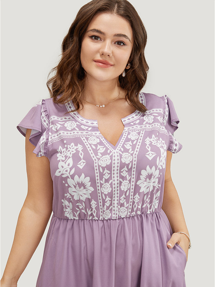 Bandana Cap Sleeve Notched Neck Pocket Flutter Hem Dress