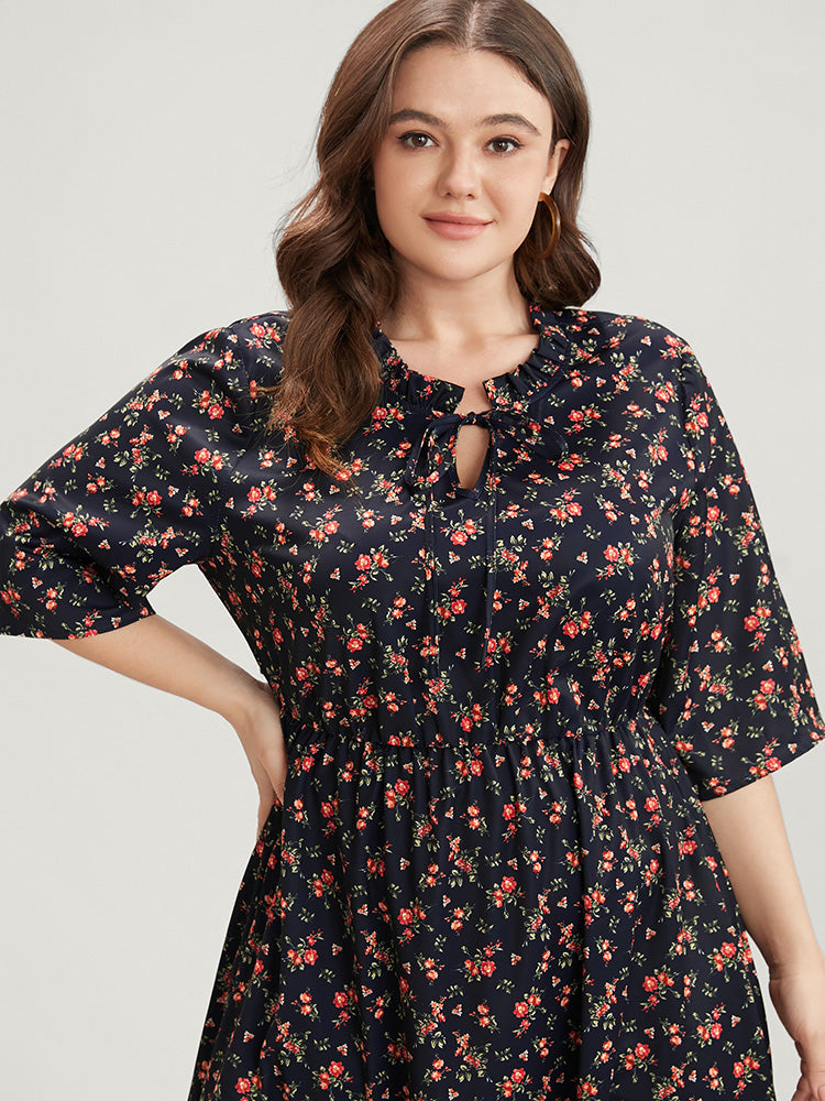 Ditsy Floral Frill Trim Tie Neck Pocket Arc Hem Dress