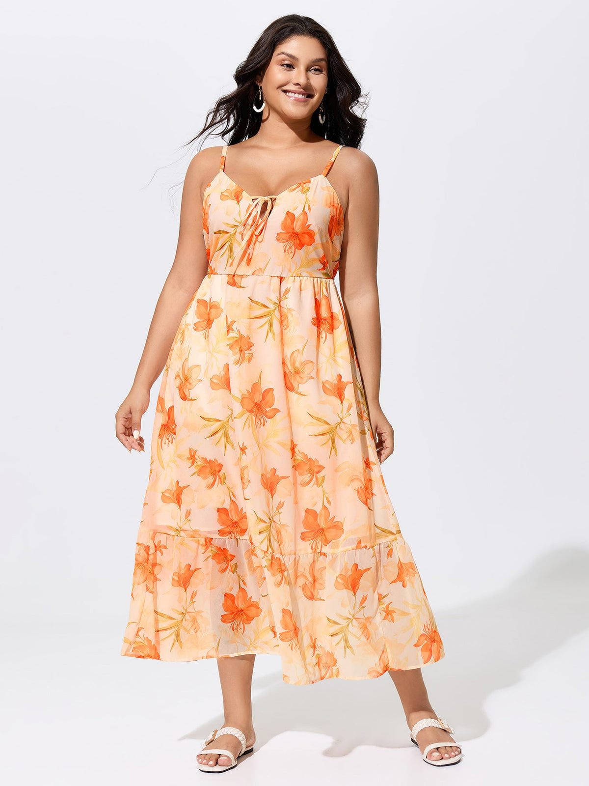 Floral Print Neck-Tie Flowy Maxi Dress