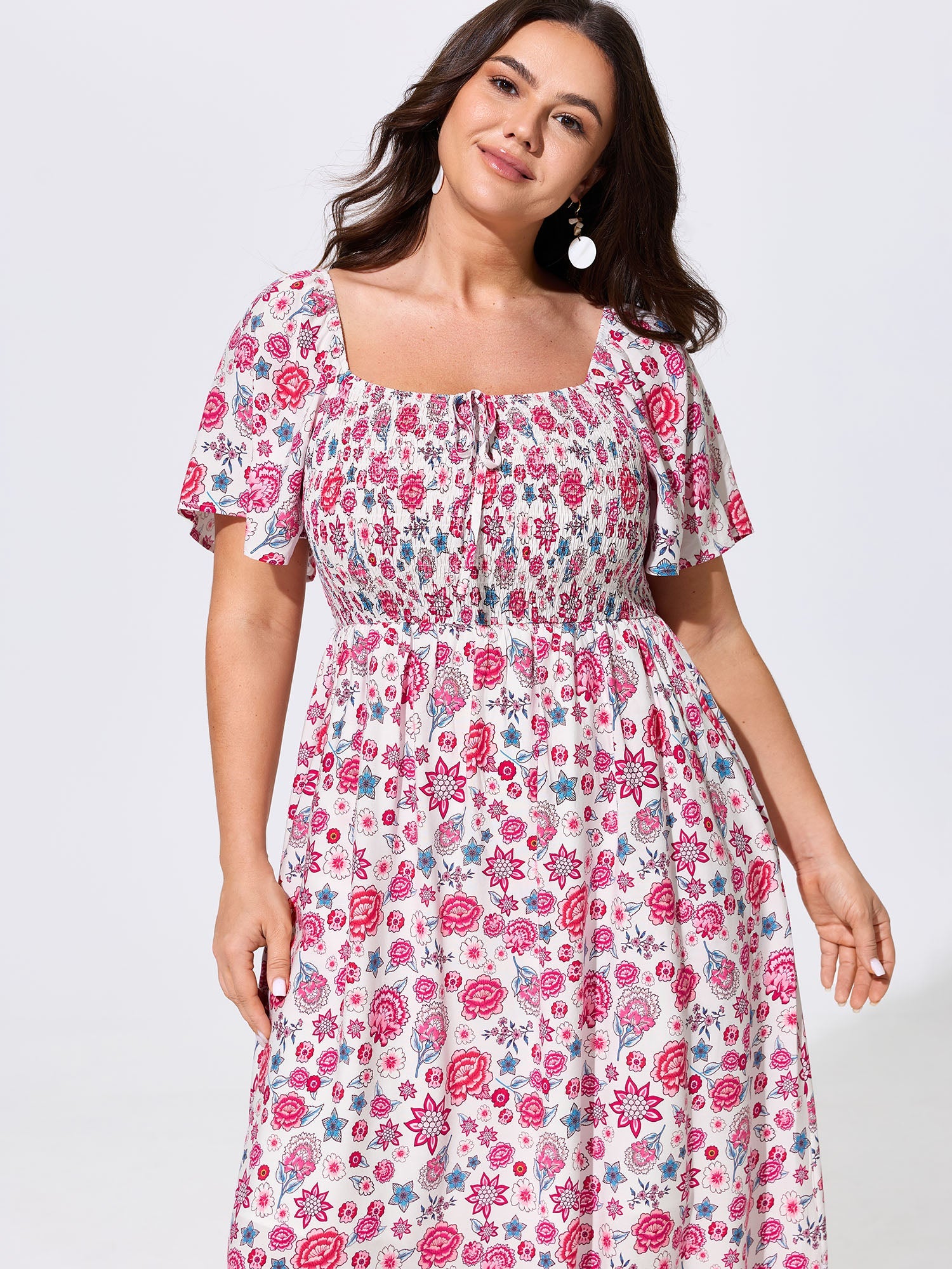 Floral Print Square Shirred Bodice Maxi Dress