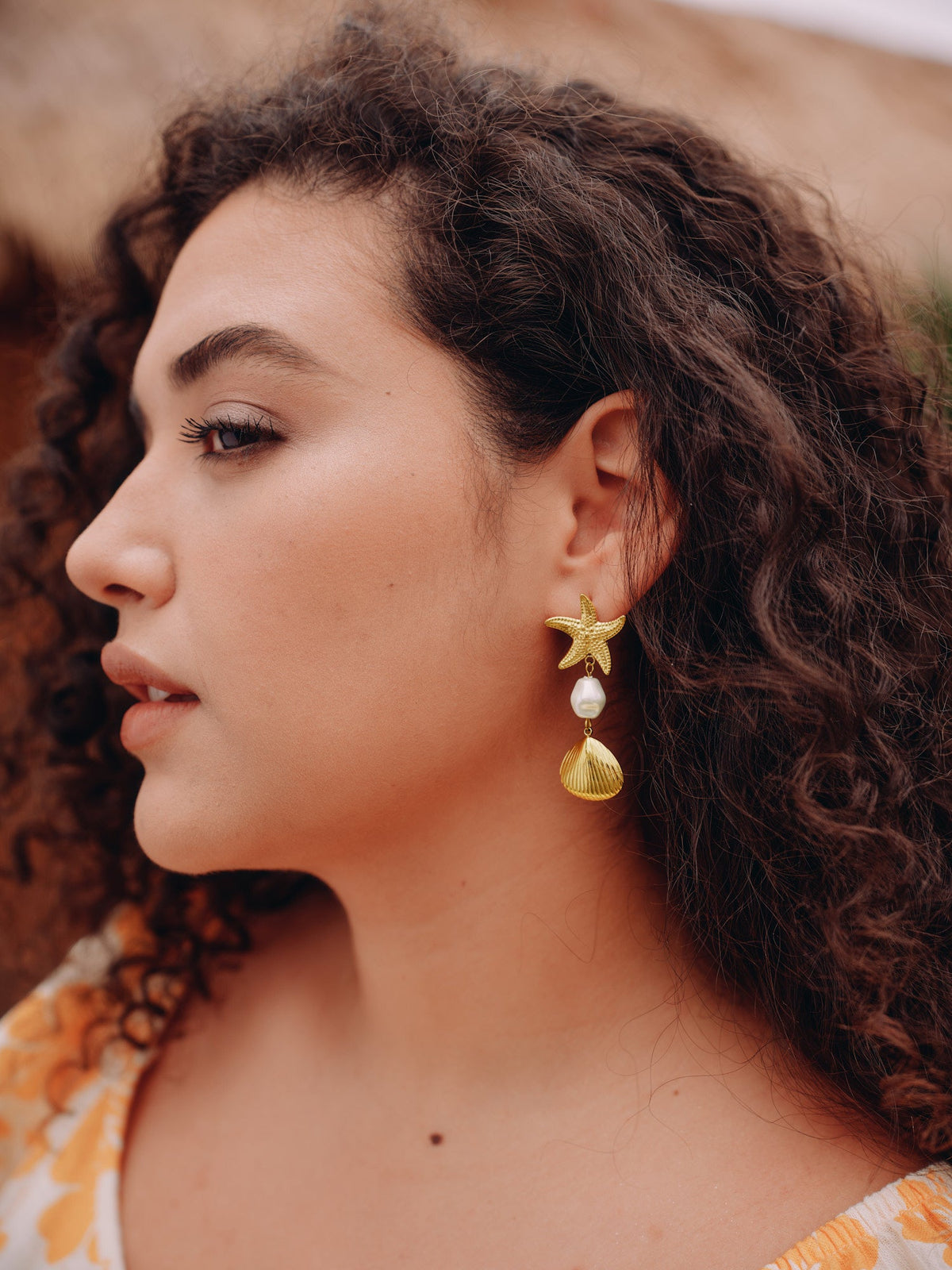 Gold Starfish & Shell Drop Earrings