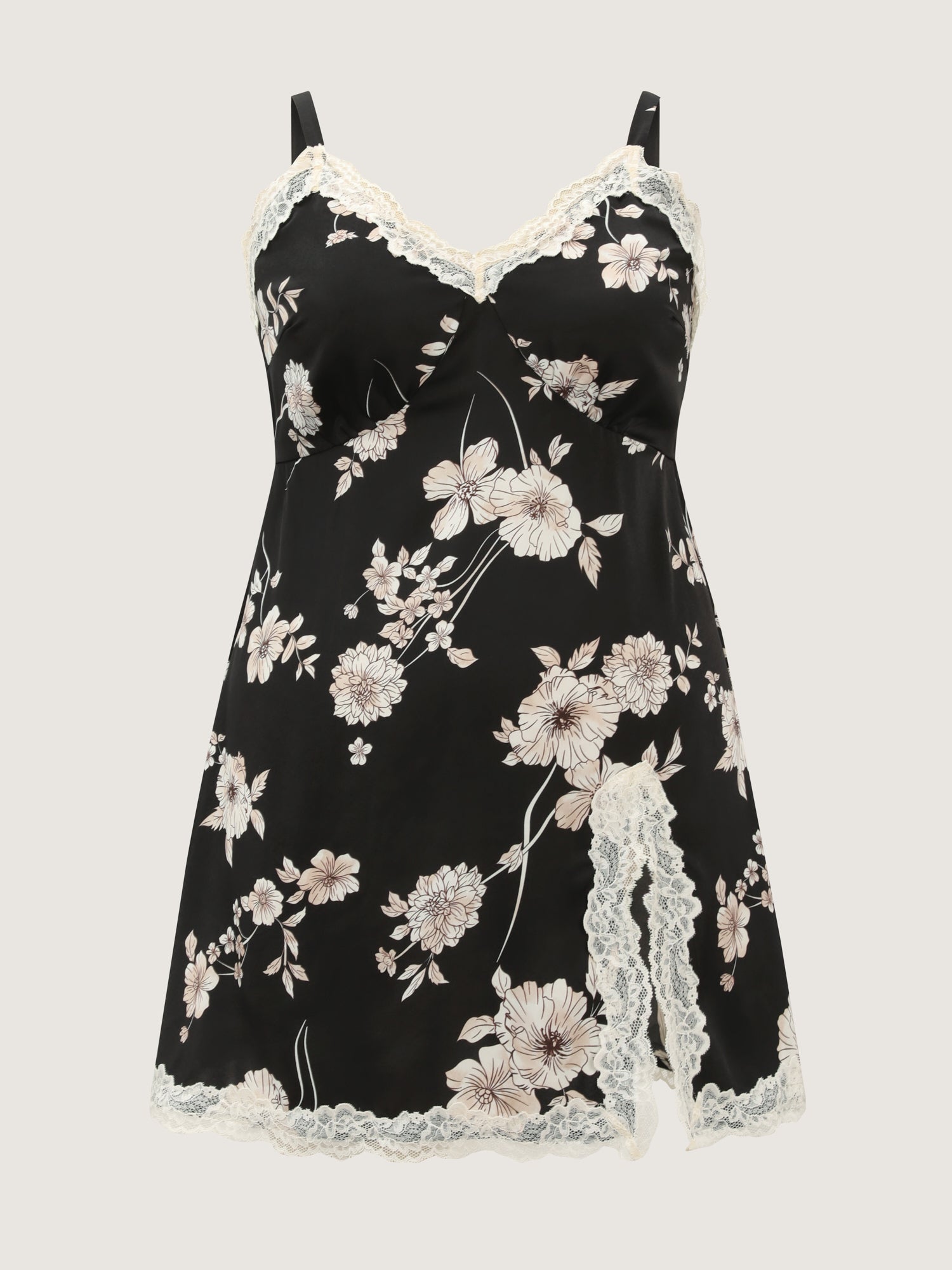 Floral Print Deep Lace Neckline Nightgown