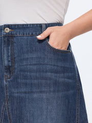Stretchy Seamed Mid-Rise Denim Skirt