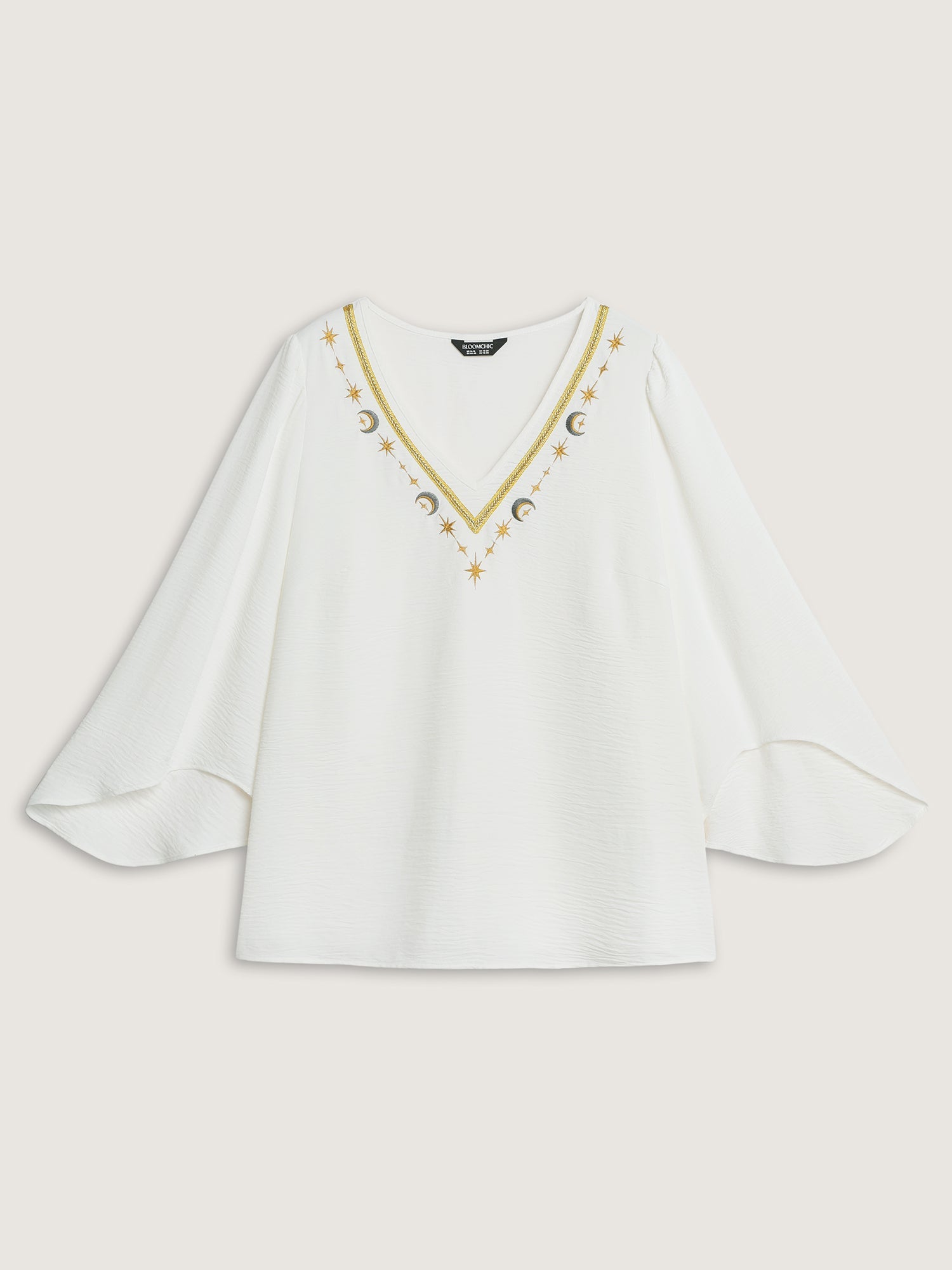 Star Moon Embroidered Neckline Flared Blouse