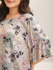 Floral Shirred Neck Flowy Blouse