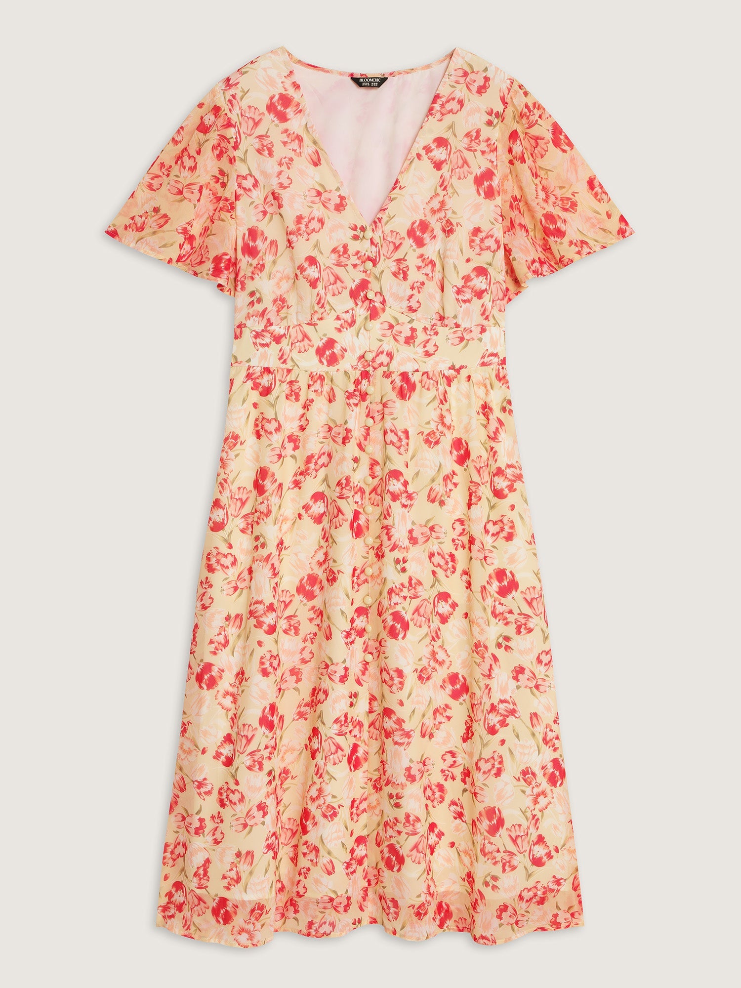 Floral Print Triangular Waist Shirred Midi Dress