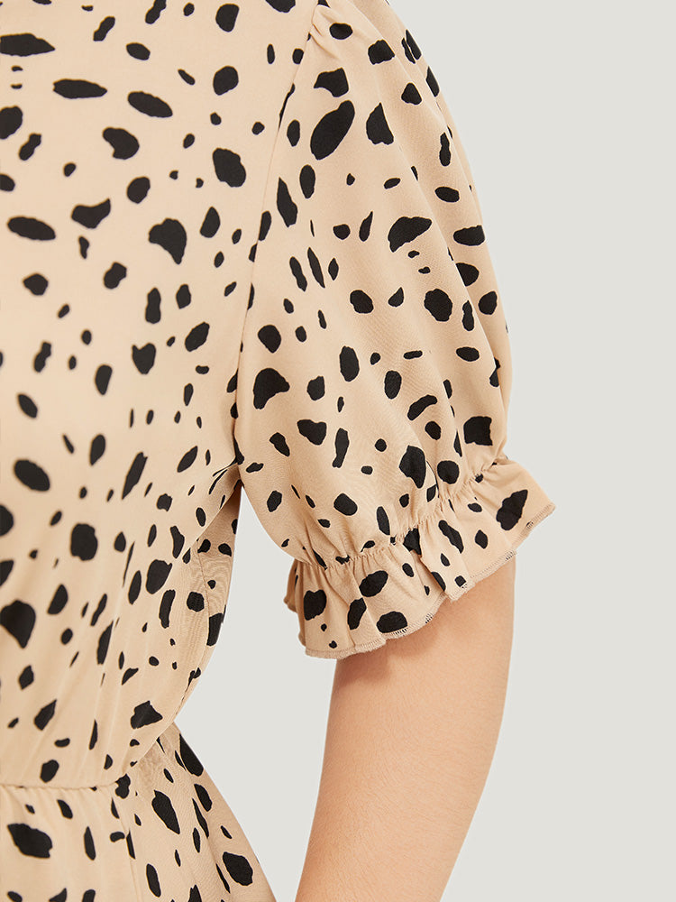 Leopard Print Puff Sleeve Pocket Wrap Ruffle Trim Dress