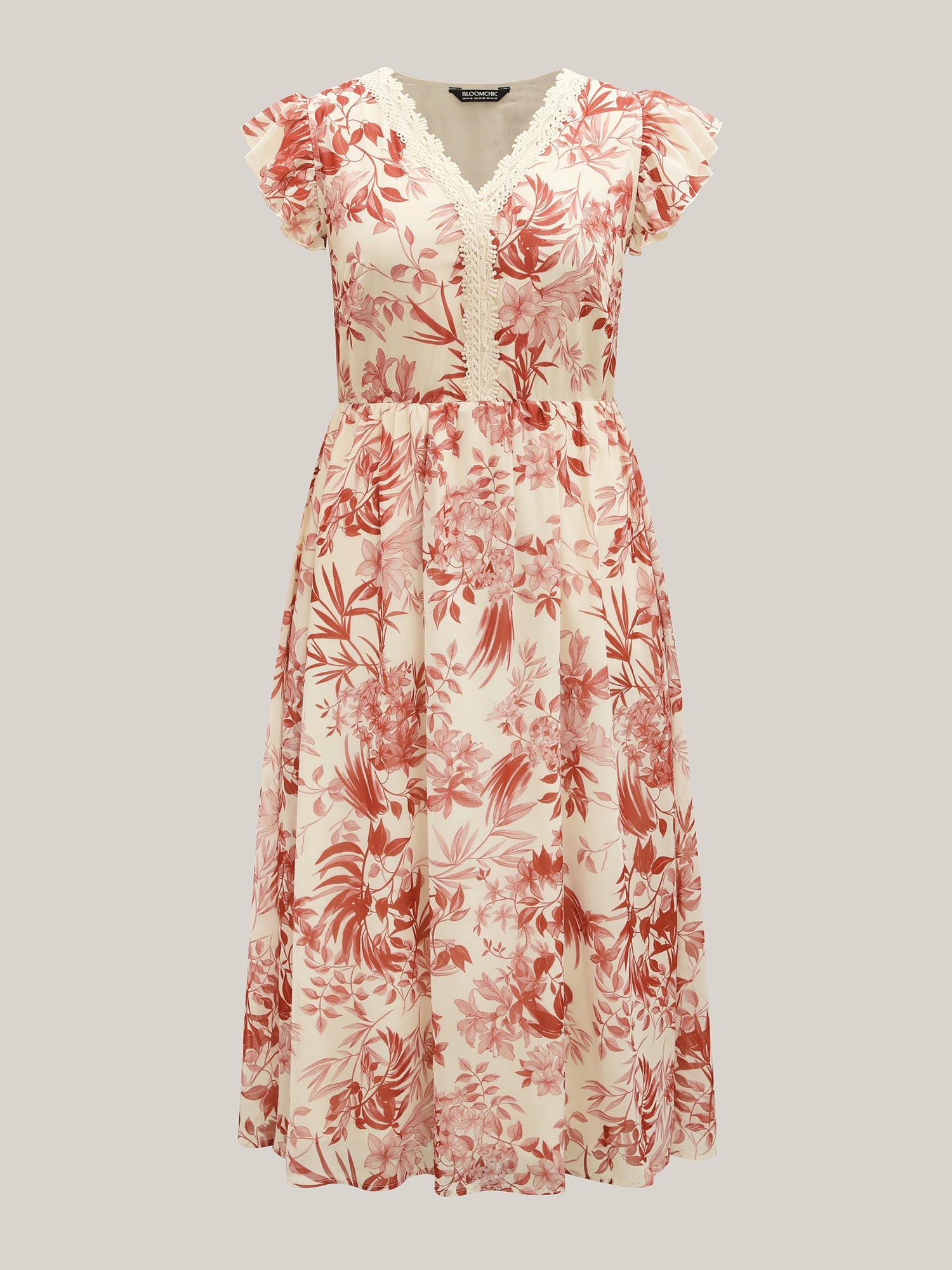 Large Flower Print Lace Trim Maxi Dress