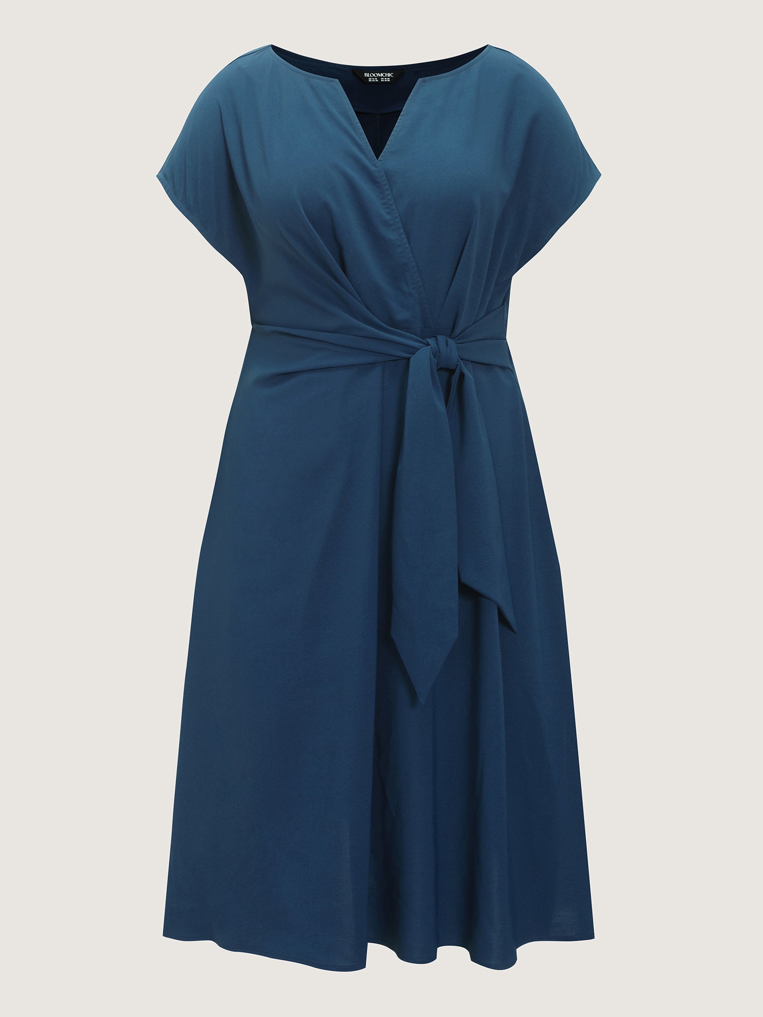 Split Neckline Side Waist-Tie Midi Dress