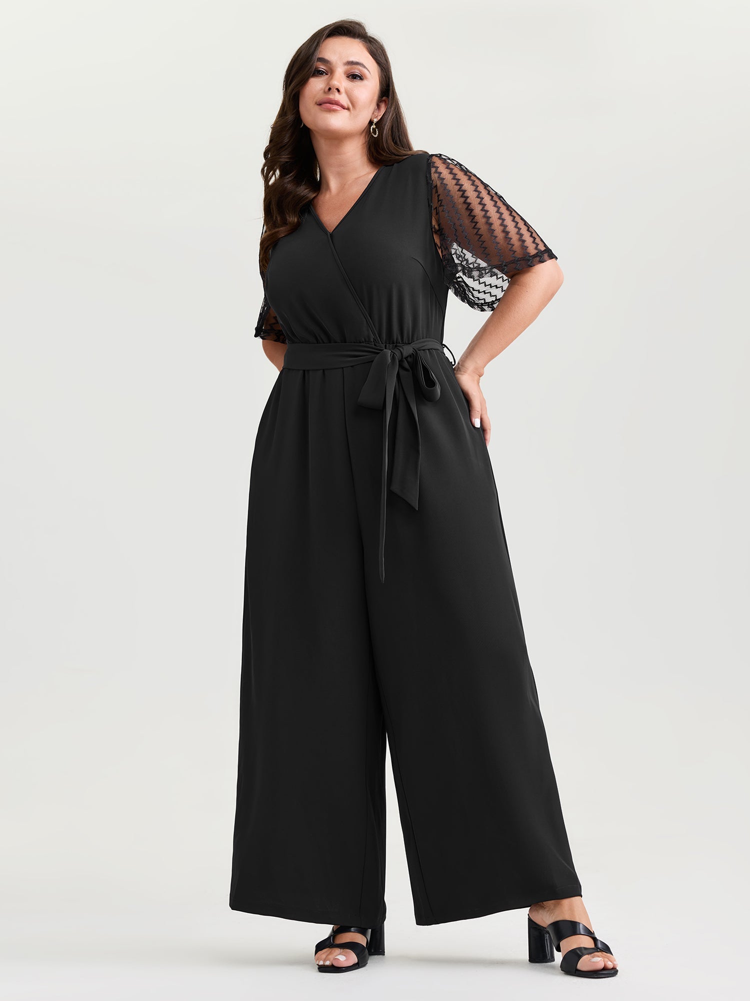 Textured Sheer Sleeve Stretchy Waist Tie Jumpsuit