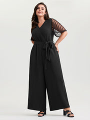 Textured Sheer Sleeve Stretchy Waist Tie Jumpsuit