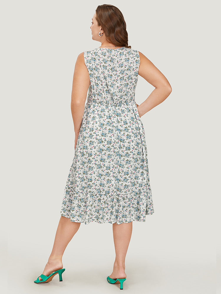 Ditsy Floral Ruffles Pocket Empire Waist Crochet Lace Tank Dress
