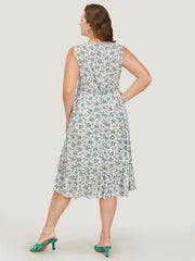 Ditsy Floral Ruffles Pocket Empire Waist Crochet Lace Tank Dress