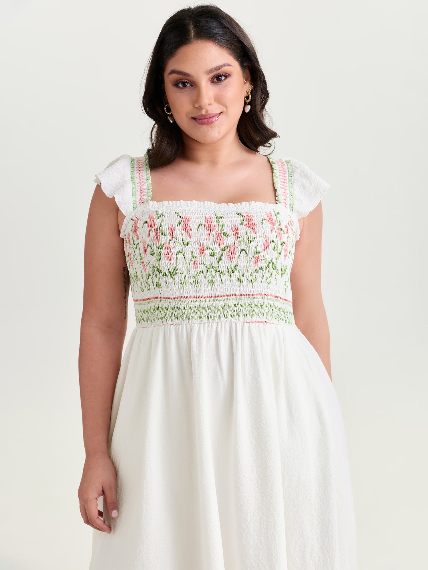 Floral Print Shirred Bodice Midi Dress