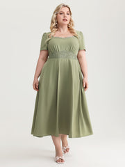 Satin Lace Neckline Cinched Waist Midi Dress