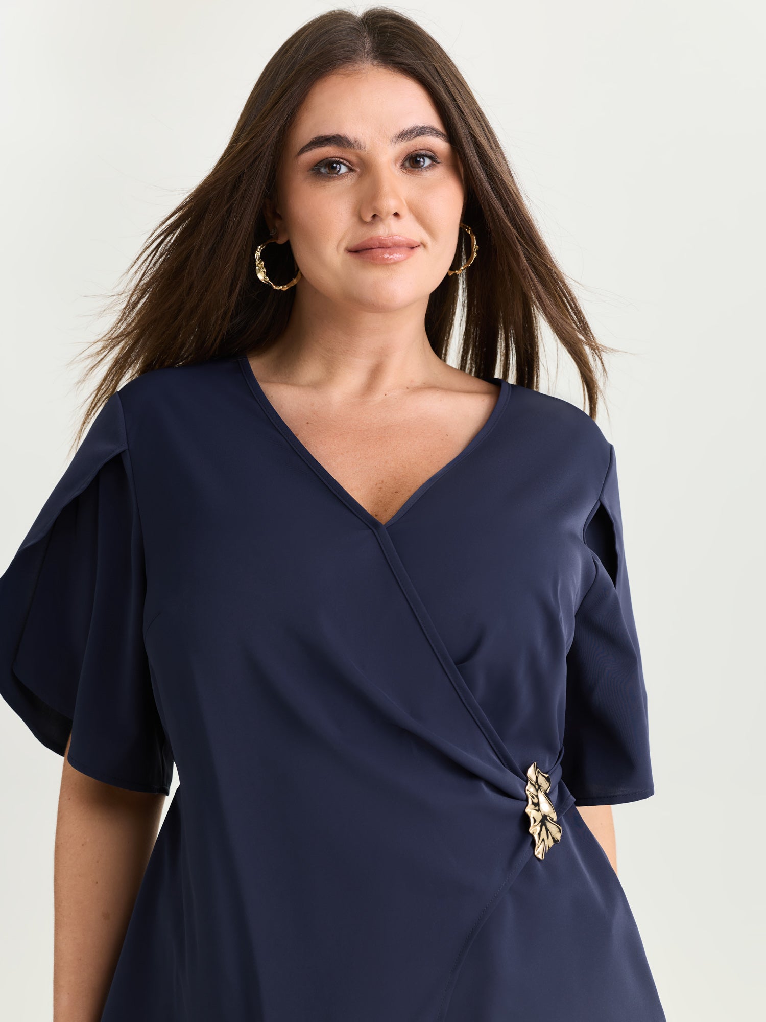 Draped Side Buckle Petal Sleeve Blouse