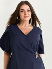 Draped Side Buckle Petal Sleeve Blouse