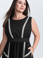 Lace Trim Shirred Waist Round Neck Midi Dress