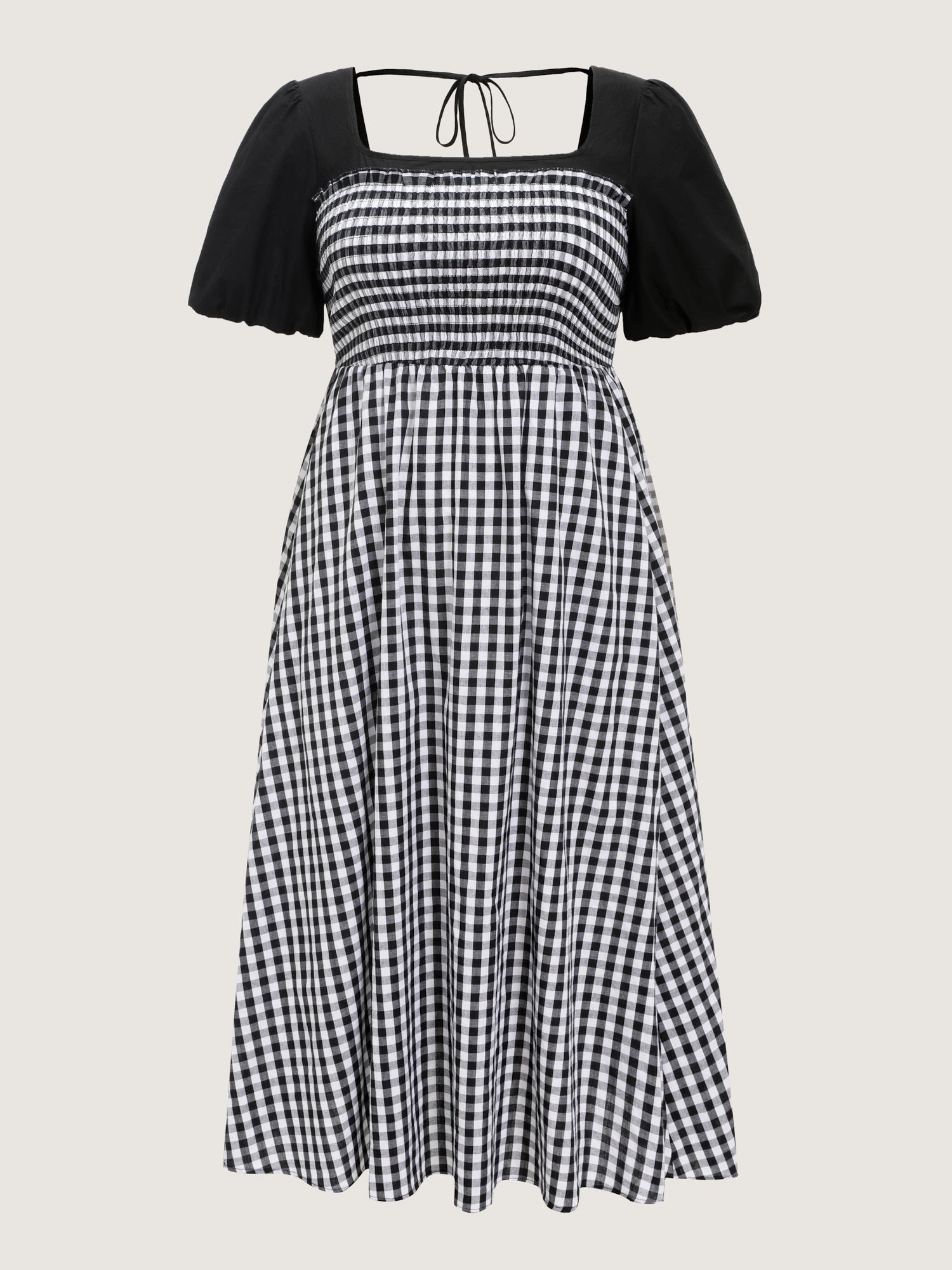 Cotton Gingham Print Color Contrast Midi Dress