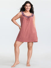 Gingham Print Embroidered Neckline Flowy Nightgown