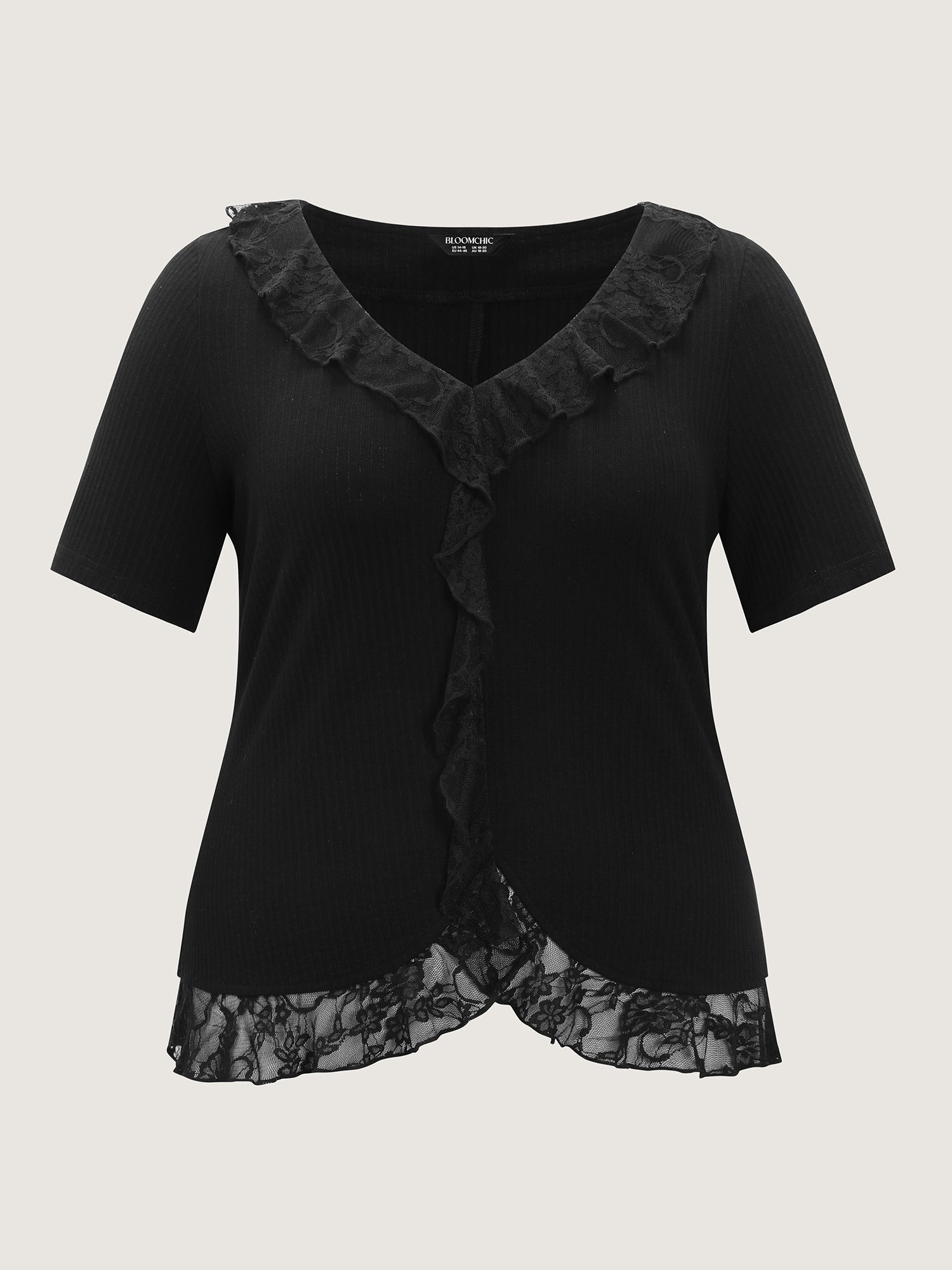 Ruffled Lace Textured Curvy Hem Jersey Top