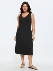 Supersoft Supported Bra Stretchy V-Neck Plain Midi Dress