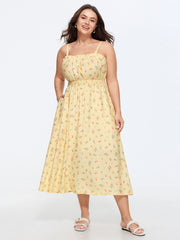 Micro Floral Print Shirred Midi Dress