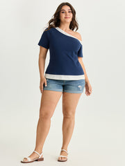 Cotton Stretchy Color Contrast One-Shoulder T-Shirt