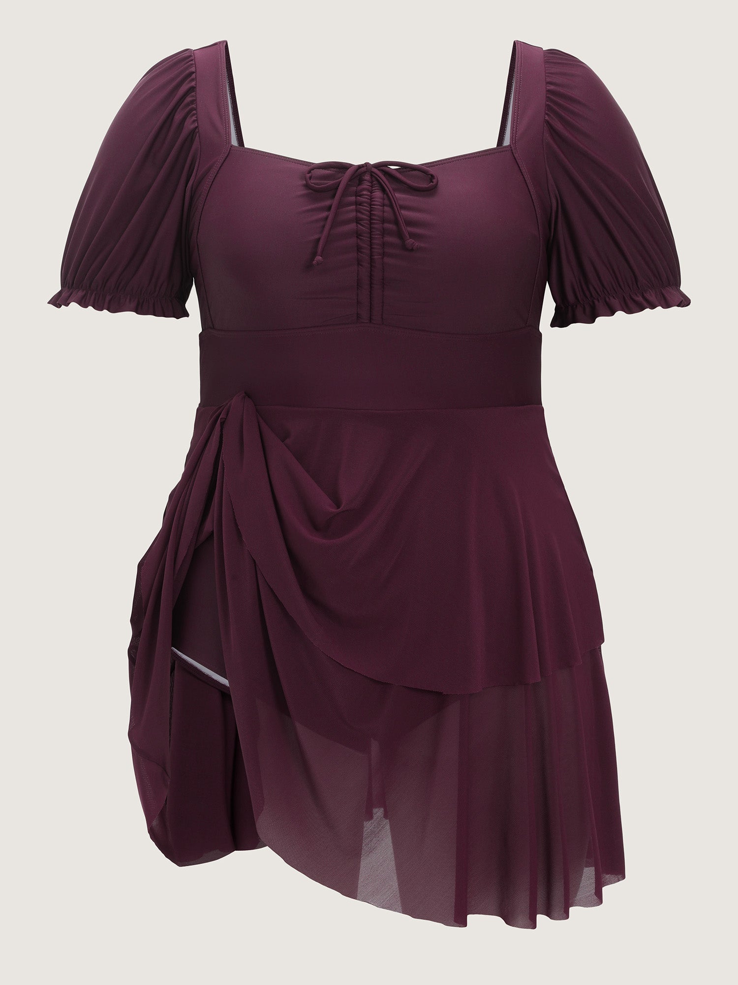 Sheer Ruched Bodice Tiered Swim Dress