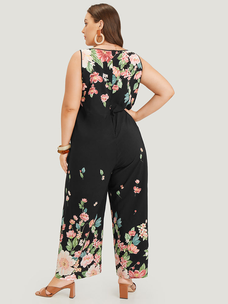 Floral Square Neck Zip Back Pocket Jumpsuit