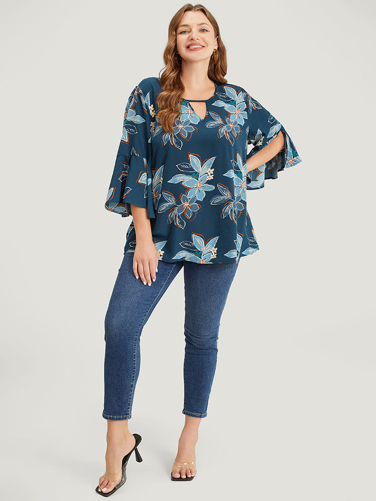 Floral Print Keyhole Neck Split Bell Sleeve Blouse