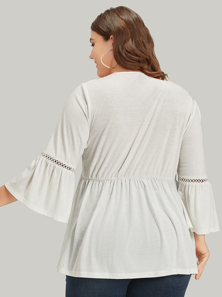Boho Print Embroidered V Neck Gathered Bell Sleeve T-shirt