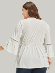 Boho Print Embroidered V Neck Gathered Bell Sleeve T-shirt