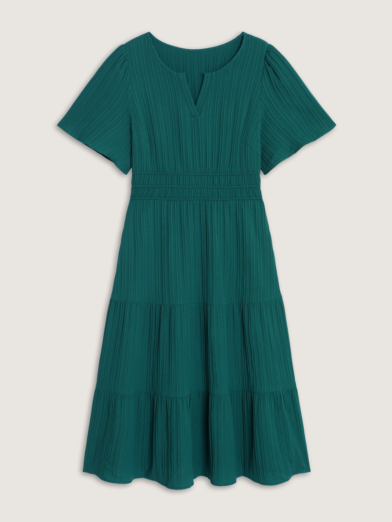 Shirred Waist Split Neckline Tiered Maxi Dress
