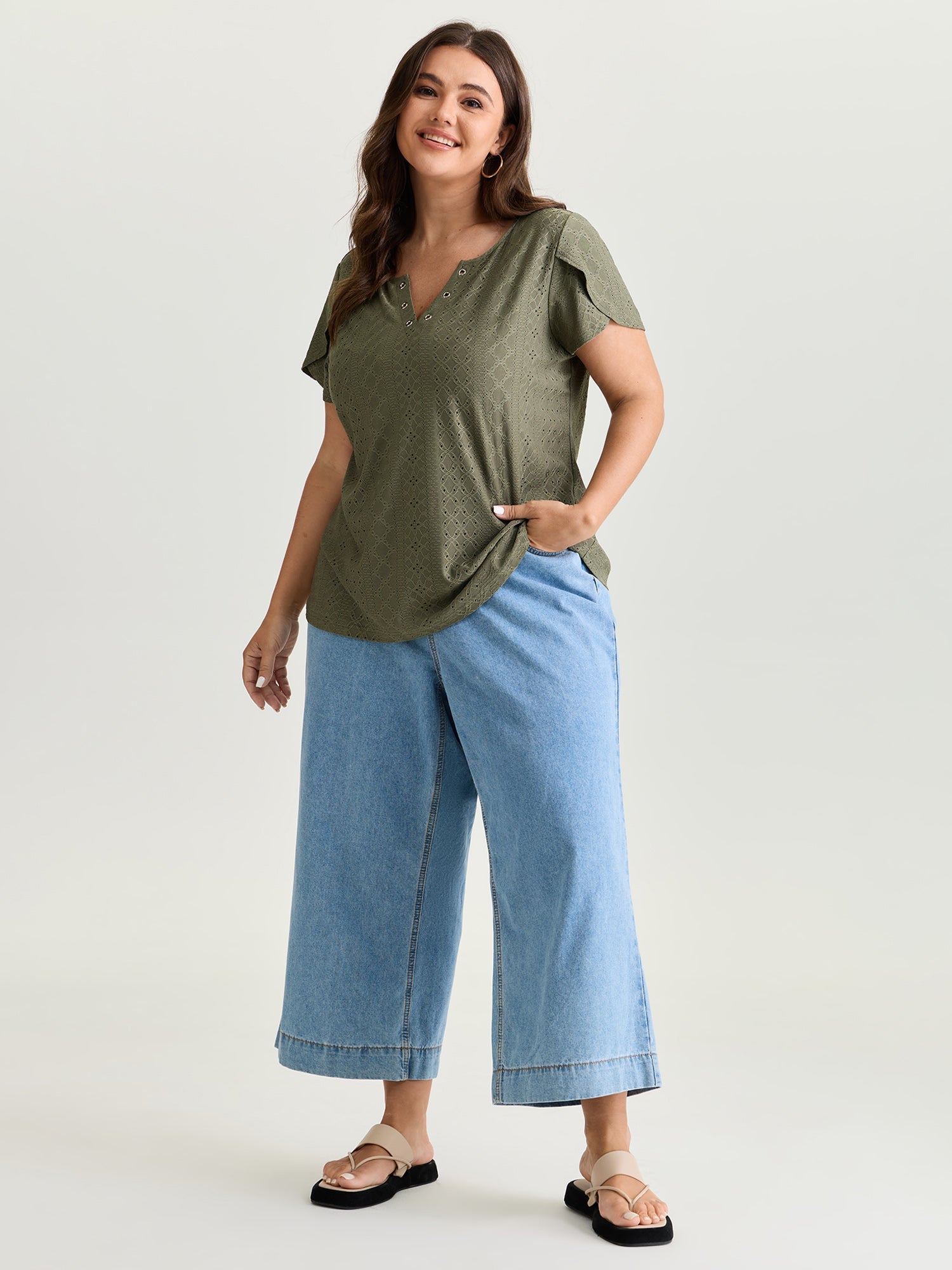 Eyelet Trim Split Neckline Knit Top