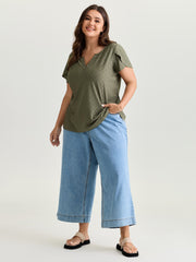 Eyelet Trim Split Neckline Knit Top