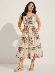 Floral Pleated Waist Pockets Midi Dress
