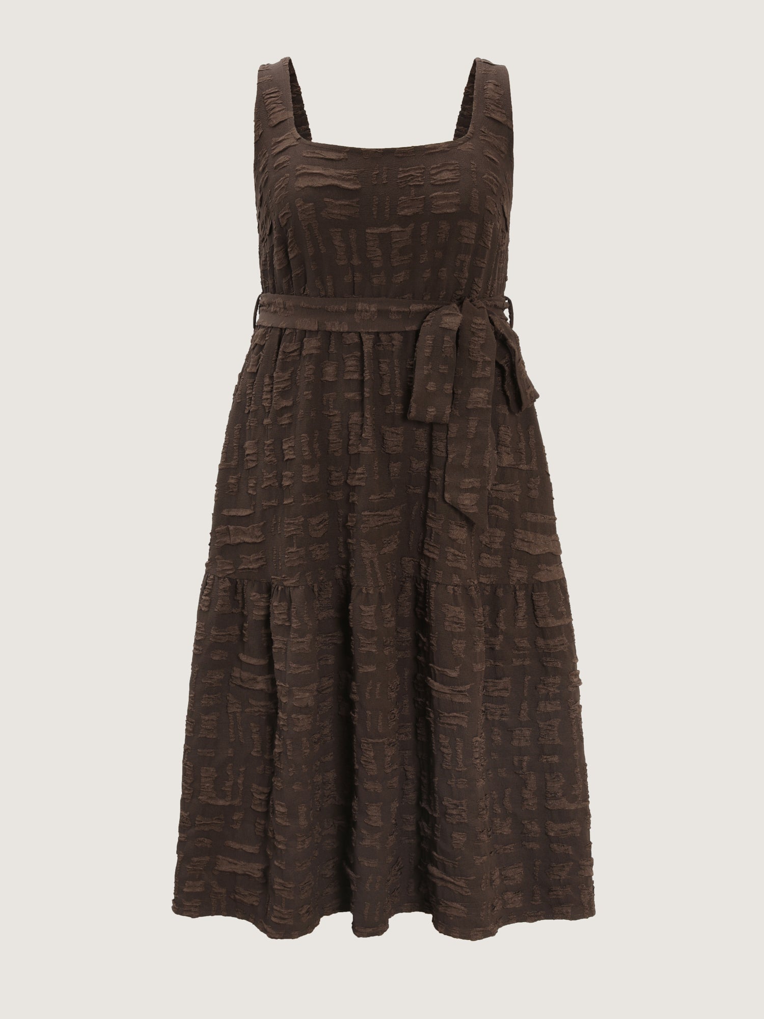 Textured Waist-Tie Square Neck Midi Dress