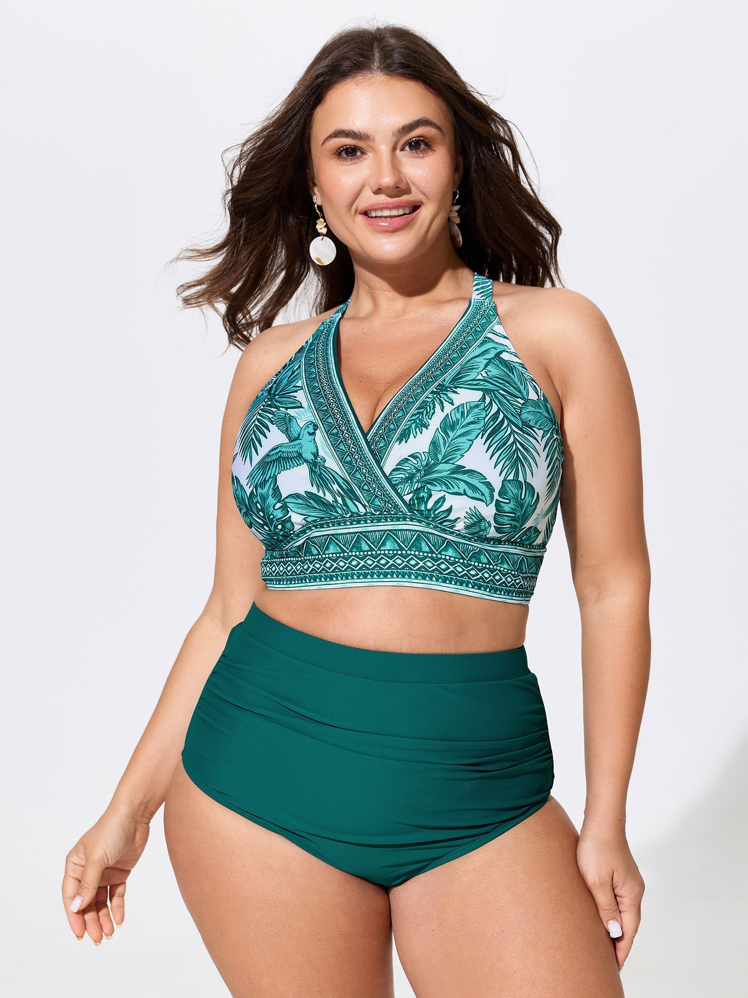 Tropical Print Surplice Neckline Swim Top