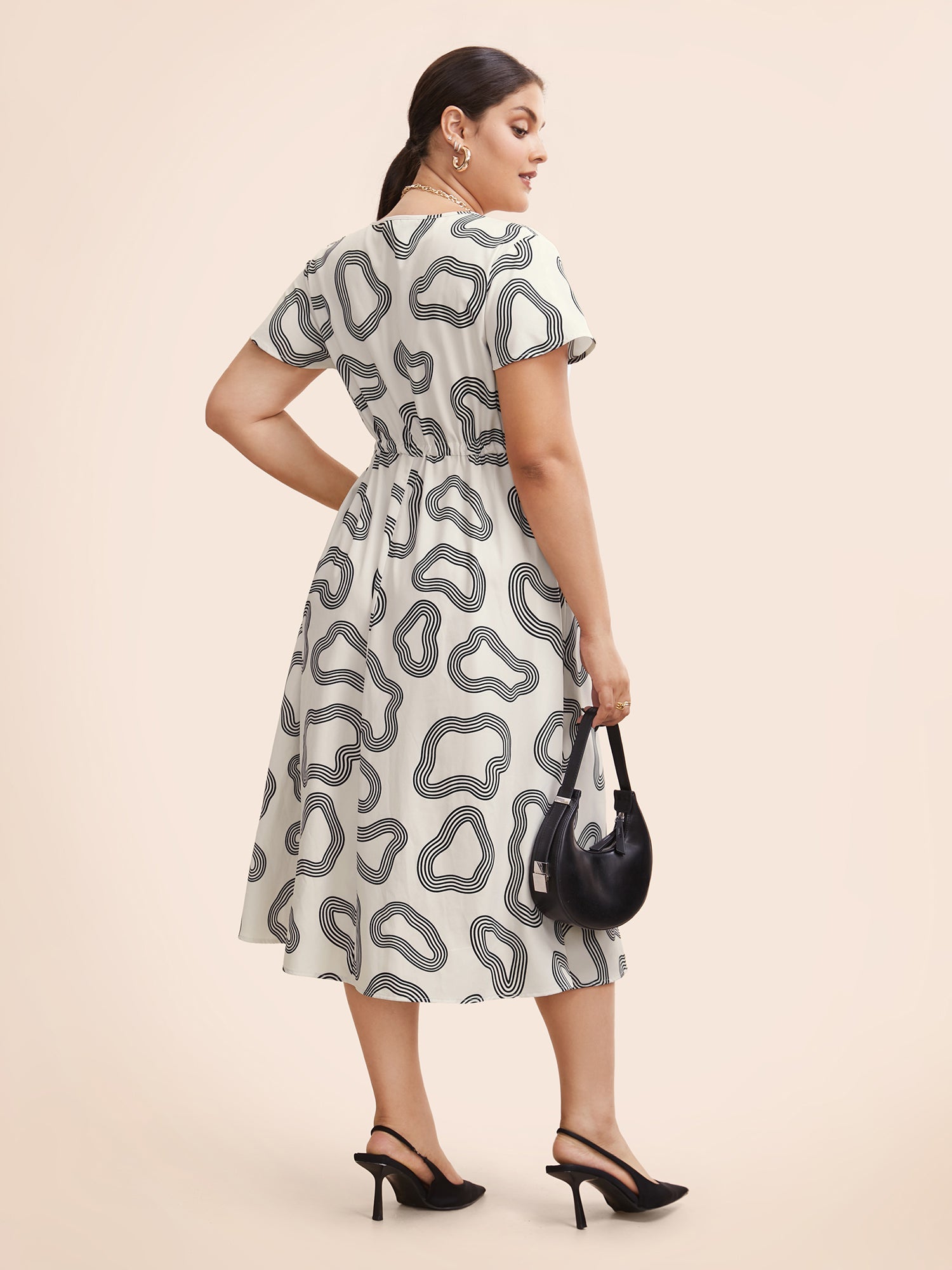 V Neck Geometric Drawstring Midi Dress