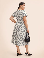 V Neck Geometric Drawstring Midi Dress