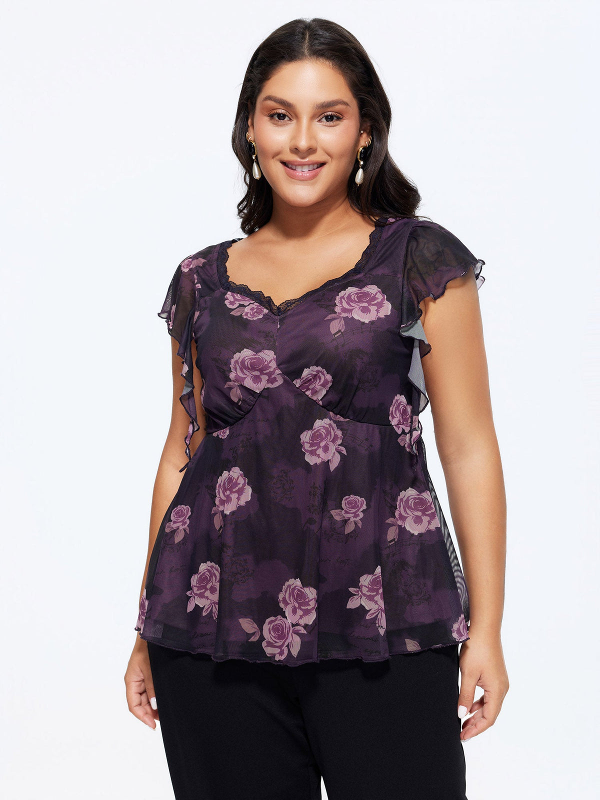 Lace Trim Floral Print Knit Top