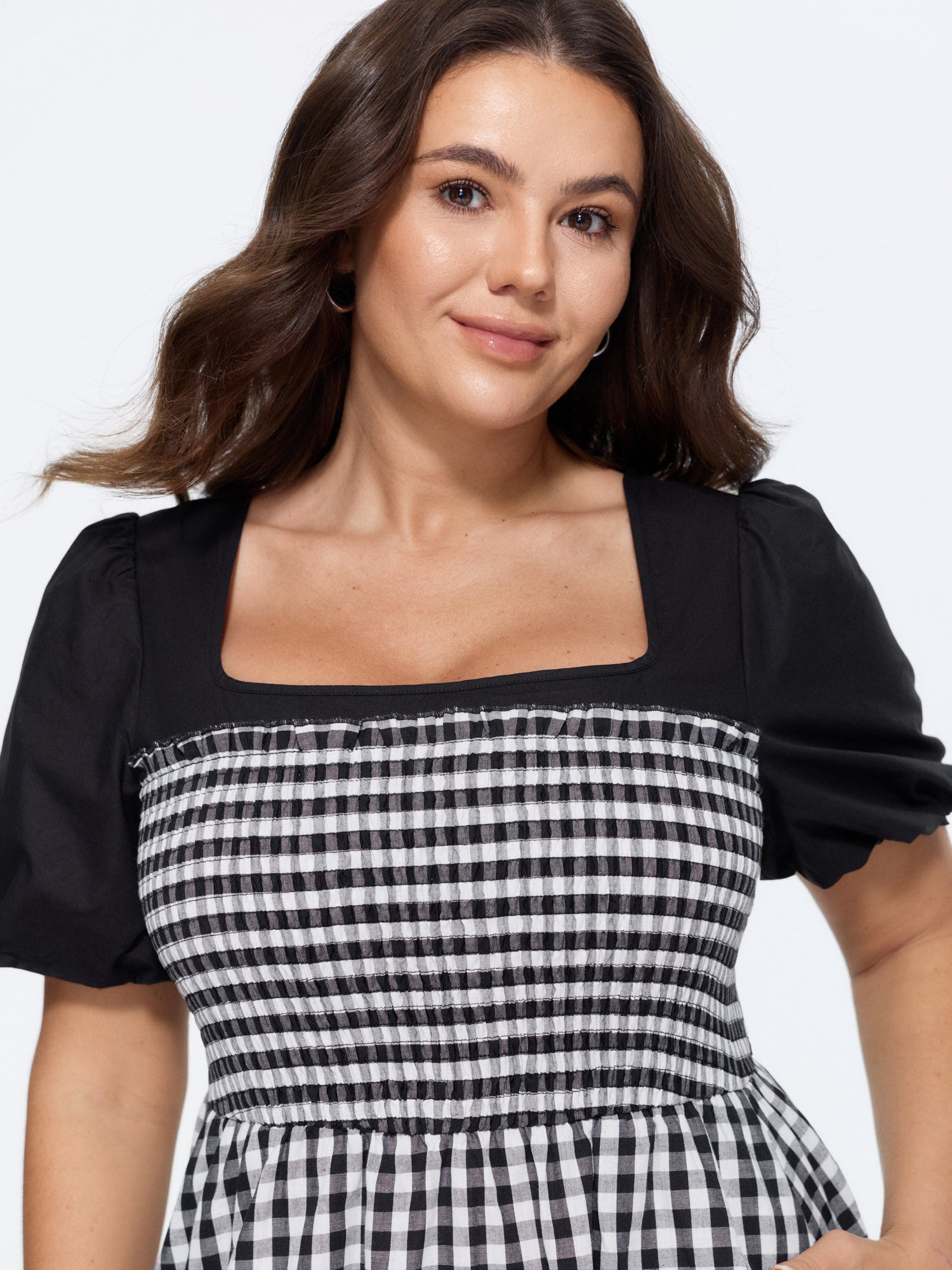 Cotton Gingham Print Color Contrast Midi Dress