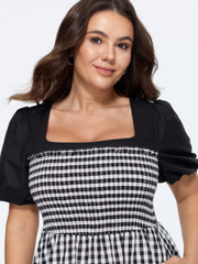 Cotton Gingham Print Color Contrast Midi Dress