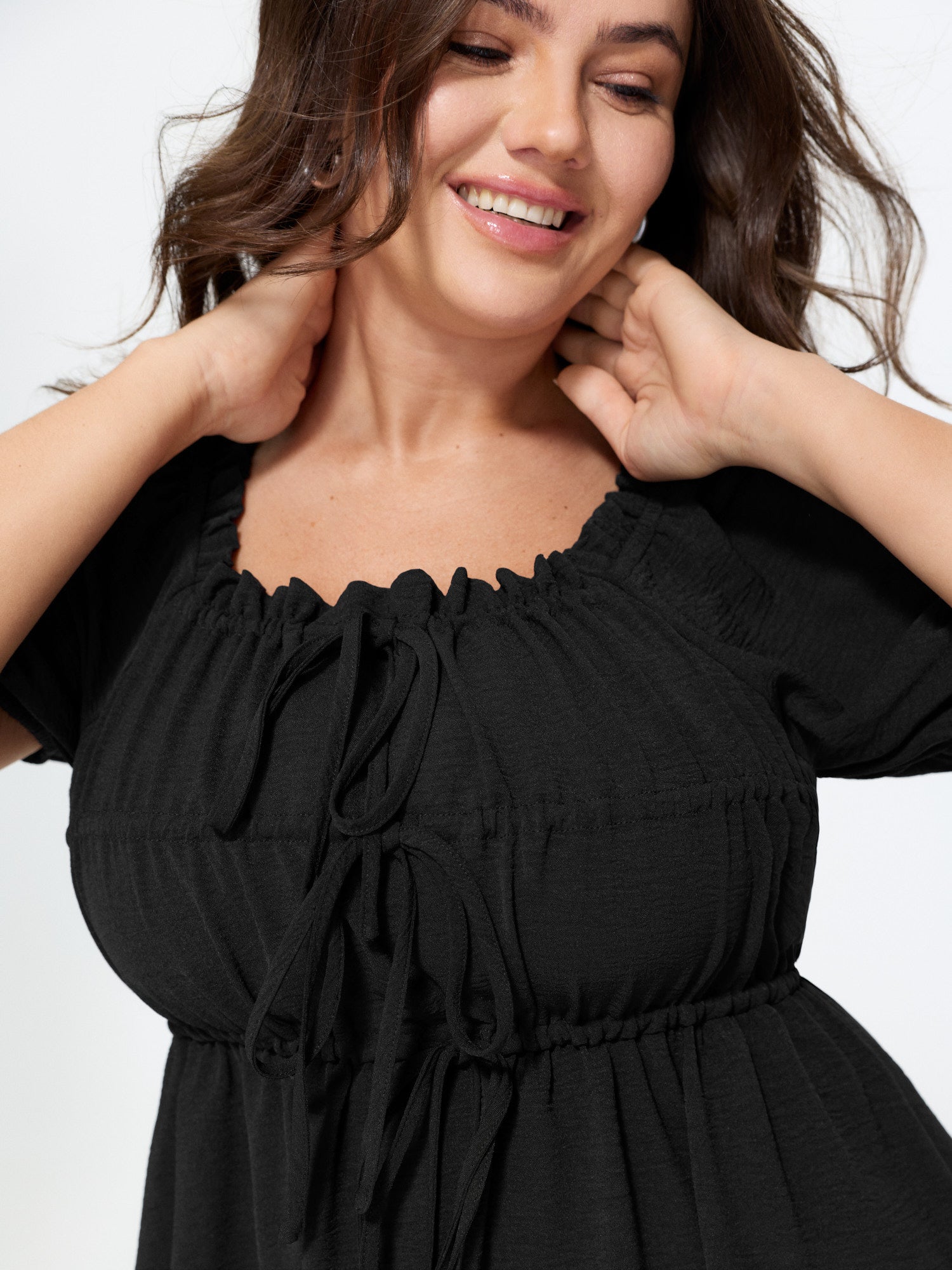 Adjustable Drawstring Tie Front Plain Mini Dress