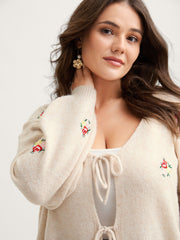 Supersoft Floral Embroidery Front Triple Tie Knit Cardigan